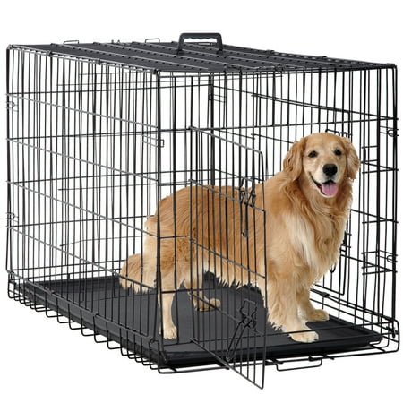 Folding Dog Crate Cage Double Door Pet Crate w/ Divider & Tray, Large, (Best Dog Crate Cover)