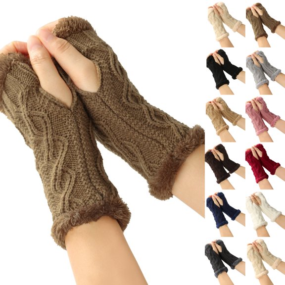 Women Arm Warmers, Winter Knitted Wrist Warmers Fluffy Lined Fingerless Mitten Gloves for Women Cold Weather Light Brown