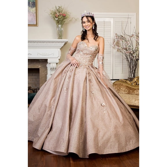 Women's Elizabeth K Ruffled Glitter Ball Gown Sweetheart Quinceanera Dress Gl1912 Rose Pink Gold Size S