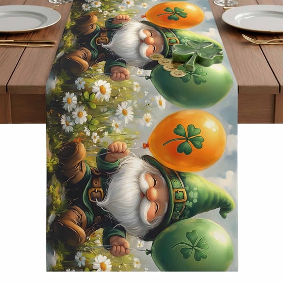 Gnome Table Runner 13 x 48 Inch, St. Patrick's Day Washable Cotton Linen Dining Table Runner Tabletop Decorations for Restaurant Home Kitchen Party