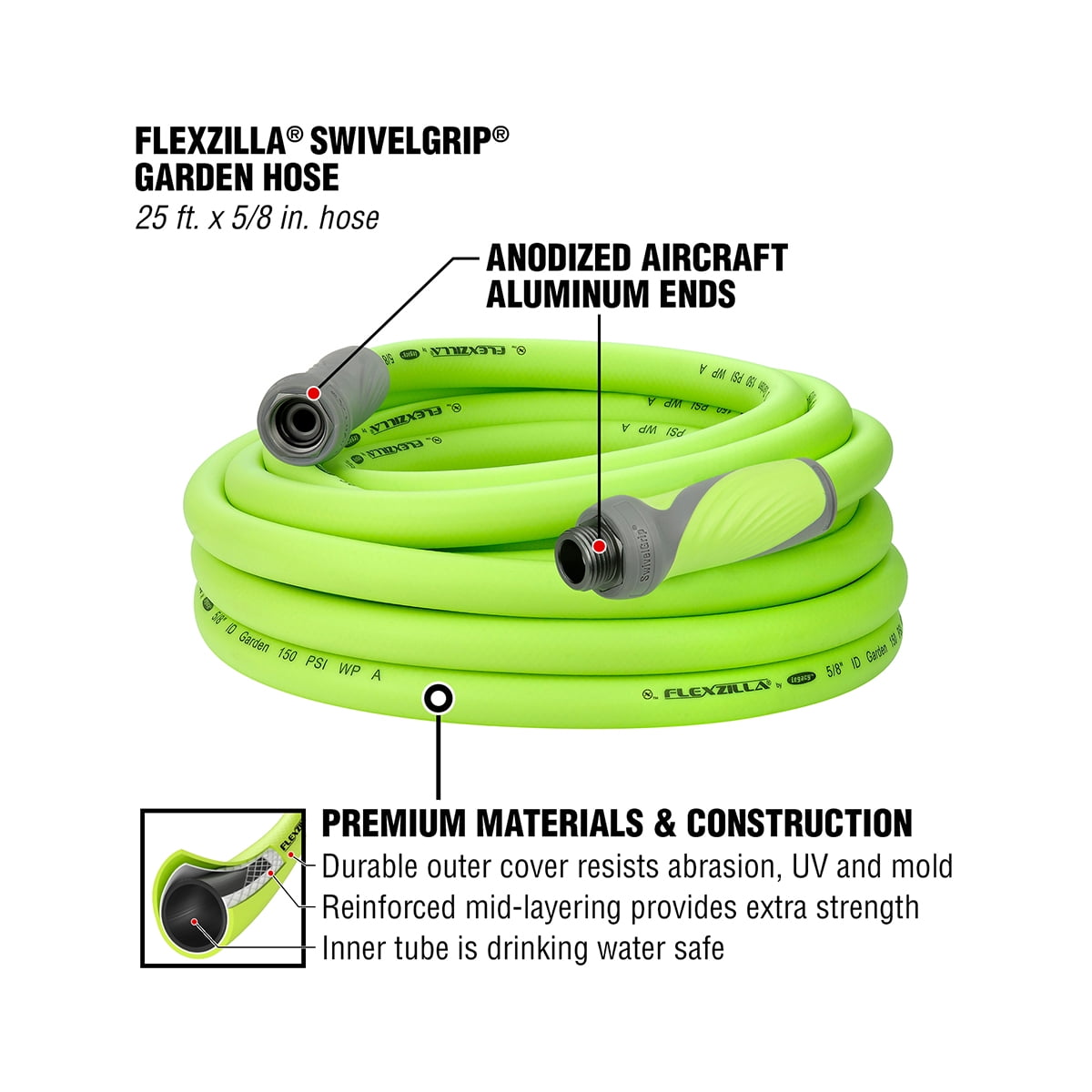 Flexzilla® SwivelGrip® Garden Hose, 5/8" x 25', Hybrid Polymer, ZillaGreen™