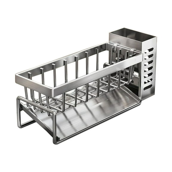 Stainless Steel Kitchen Sink Organizer Rack | Sponge & Soap Holder with Auto-Drain Tray & Towel Bar | No Drill Installation | 10.94x3.15x4.33 Inches