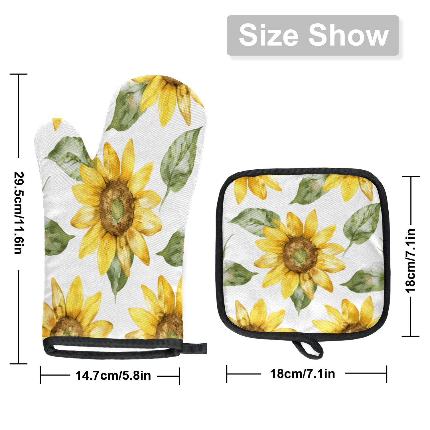 CURLYOOT Sunflower Oven Mitts and Pot Holders Sets of 2, Non-Slip Washable Spring Floral Hot Pads and Oven Gloves for Kitchen Cooking Baking