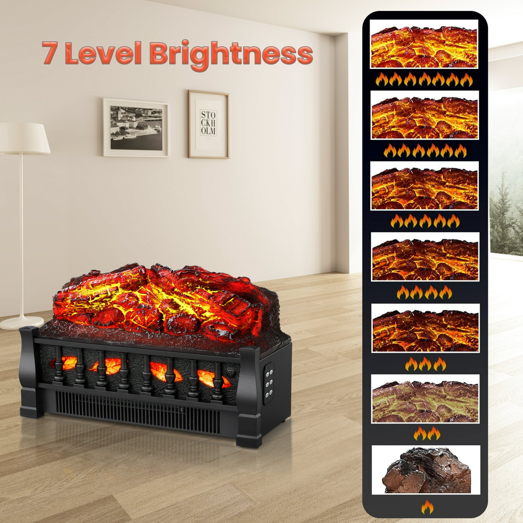 Electric Fireplace Log Set Heater 21IN, Remote Control, Flame Brightness Adjustable, Realistic Ember Bed