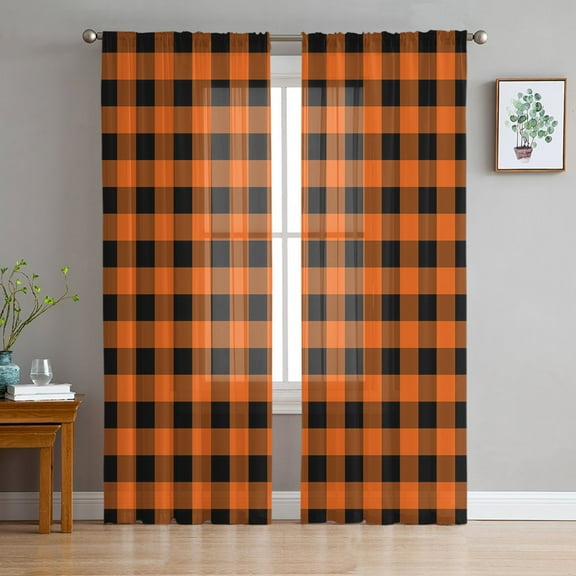 Farm Buffalo Plaid Sheer Curtains 96 Inches Long 2 Panels Set, Window Sheer Curtains for Living Room/Bedroom, Orange Black Checkered Light Filtering Rod Pocket Curtain 52'' x 96'' x 2