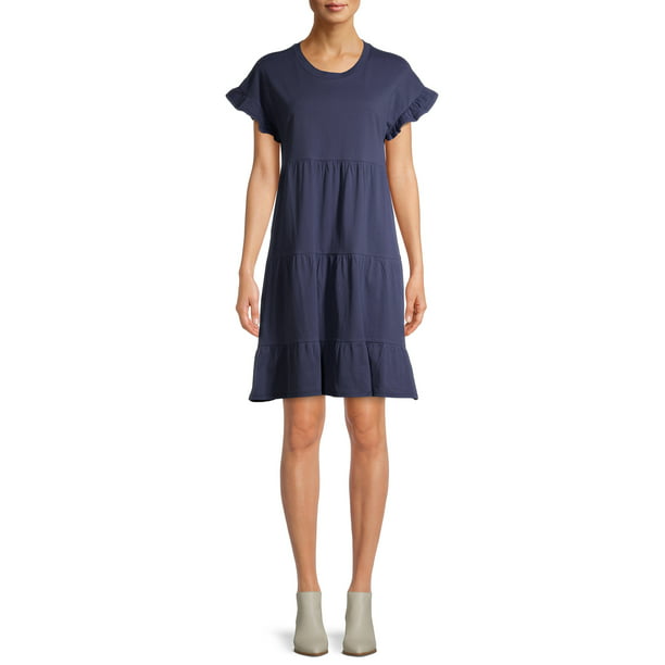 Time and Tru Women's Flutter Sleeve Knee Length Tiered Dress - Walmart.com