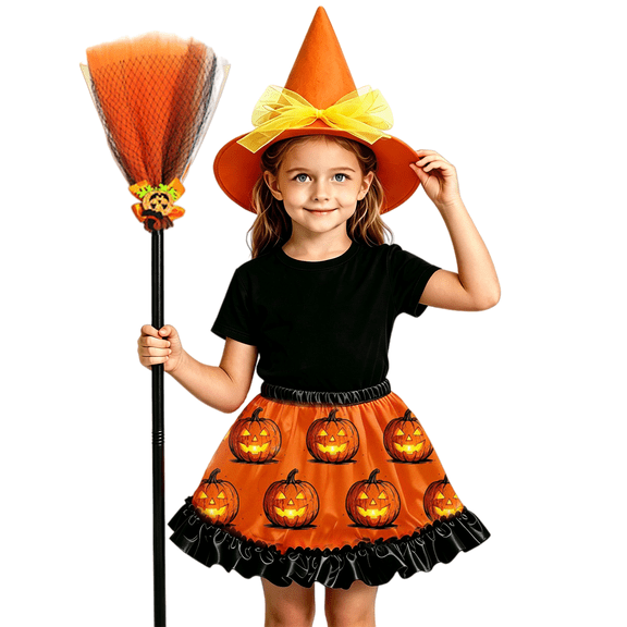 Witch Cosplay, Witch Costume, Witch Outfit, Witch Roleplay, Witch Cos, Halloween Witch Tutu Half Skirt Set With Hat and Broom Pumpkin Ghost Print Costume for Trick Or Treat, Orange One Size