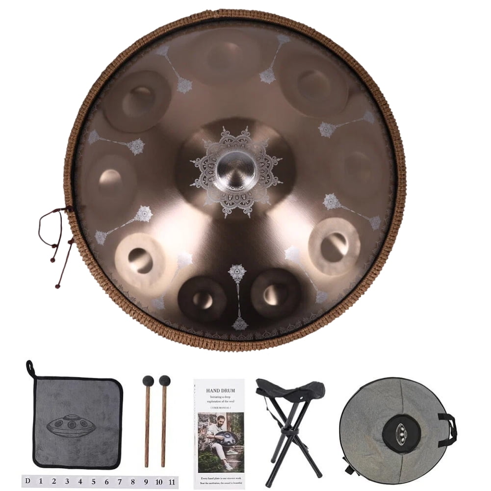 440HZ Steel Tongue Drum D Minor 10 Notes Handpan Drum Golden with Mandala Pattern