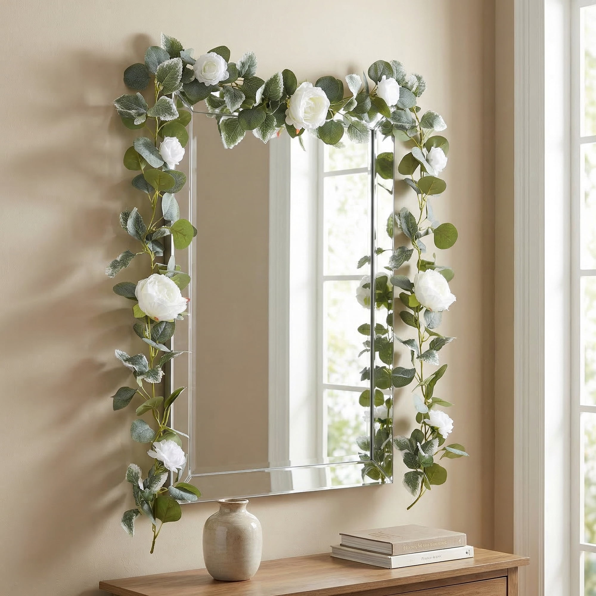 Unique Bargains 4Pcs Artificial Eucalyptus Garland Faux Flower Vine White Red 71inch