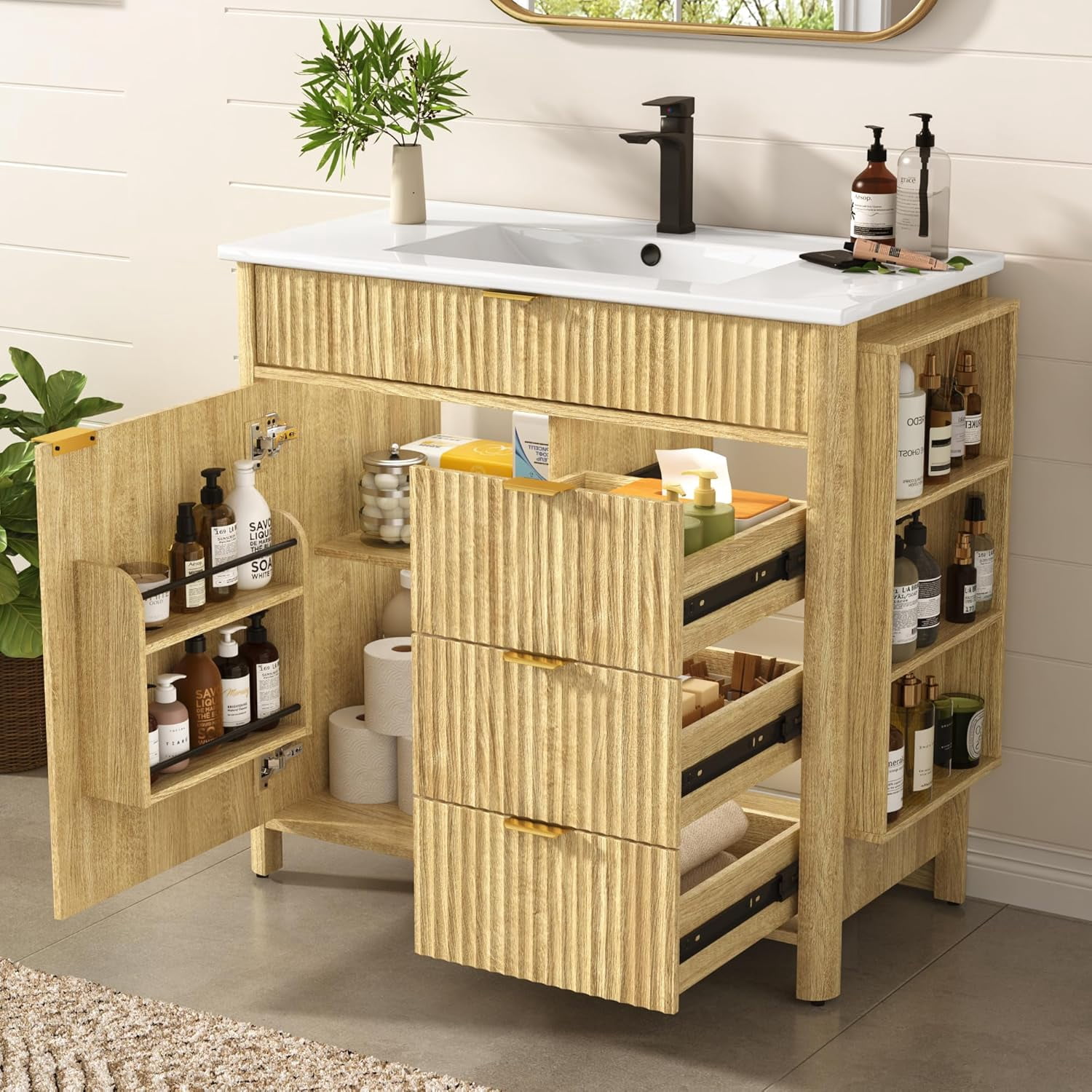 ANPOO 36" Bathroom Vanity with Sink & Faucet & Sewer Pipes, Mid-Century Modern Vanity with Ceramic Basin and Fluted Soft-Close Doors, Freestanding Bath Storage Vanity Sink Combo Set