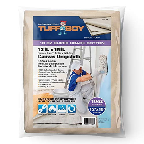 TUFFBOY 10 OZ. Super Weight Cotton Canvas All Purpose Drop Cloth 12 Ft. X 15 Ft. | SEAMLESS