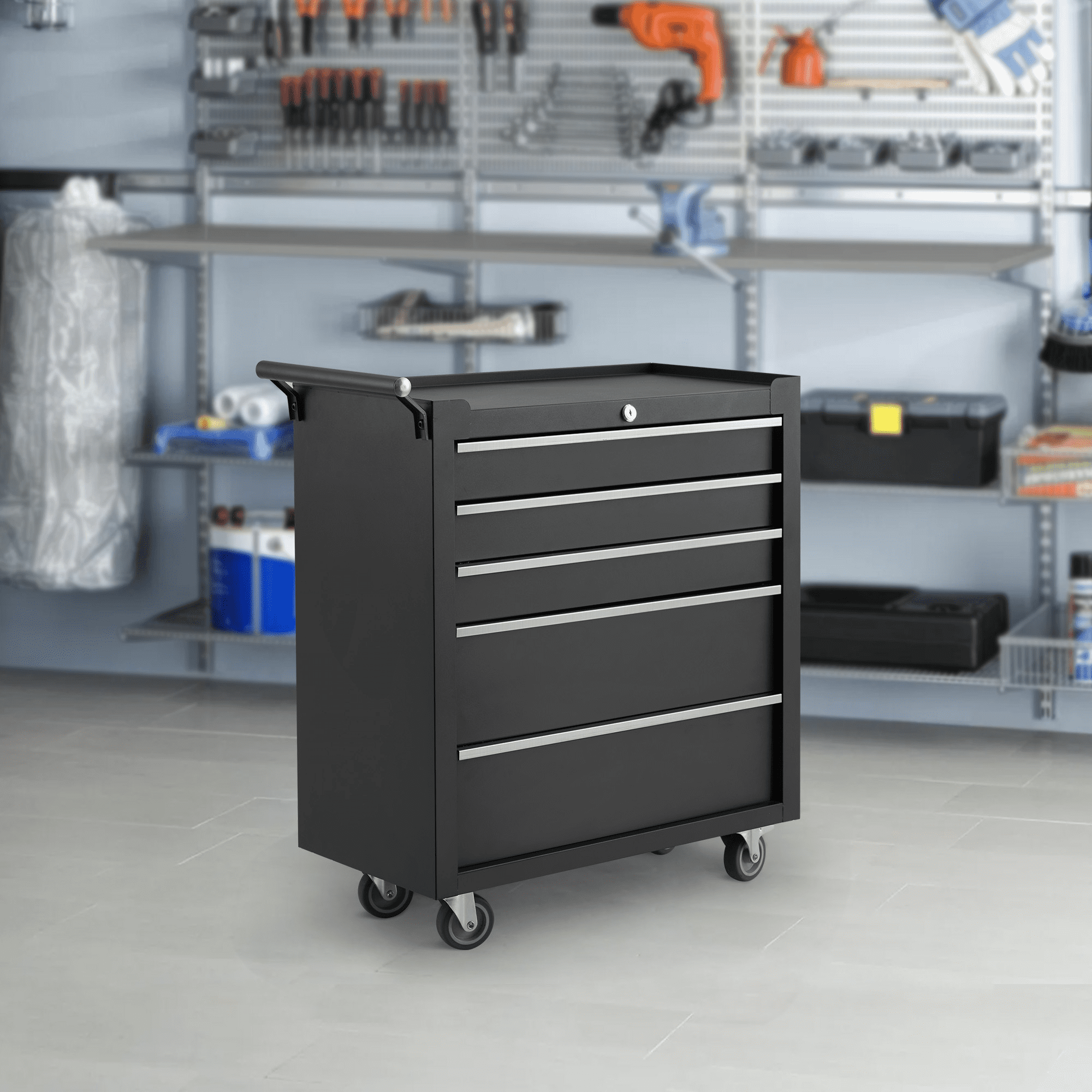 CuisinAid 5-Drawer Rolling Tool Chest with Wheels & Lock System, Portable Tool Box Storage for Workshop, Garage, Warehouse, Black