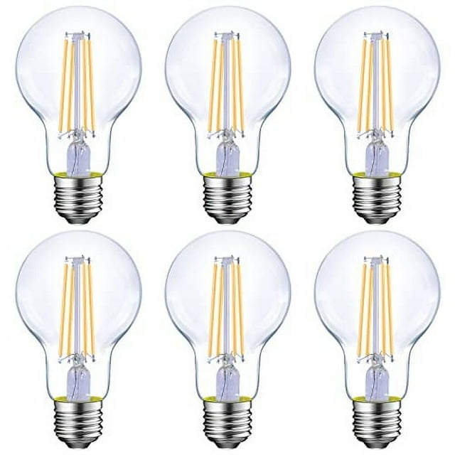 Energetic Dimmable LED Filament Light Bulbs, 8W, 60 Watt Equivalent, Warm White 3000K, Classic Clear Glass, A19 LED Light Bulb, 6 Pack