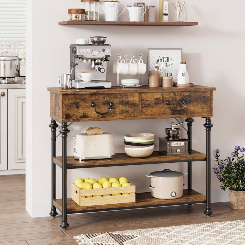 TROPOW Slim Industrial Console Table with 2 Drawers & 2 Shelves – 39.4” Space-Saving Entryway & Behind Couch Table, Vintage Brown Farmhouse Design for Hallway, Living Room & Small Spaces
