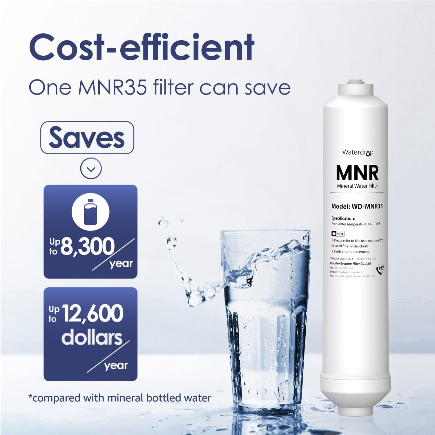 Waterdrop Remineralization Filter WD-MNR35, RO Mineral Filter, 1/4" Quick Connect Mineral Filter For Reverse Osmosis System, Under Sink Water Filtration Restore Essential Minerals for RO System