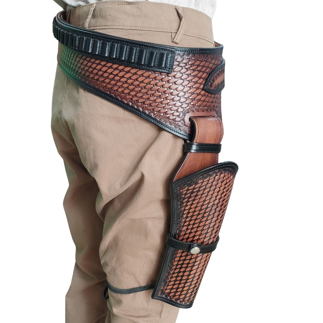 Western Leather Holster with Belt Handmade – Full Grain Tooled Leather Fast Draw Style, Adjustable Gun Belt Holster for Costume & Cowboy Wear