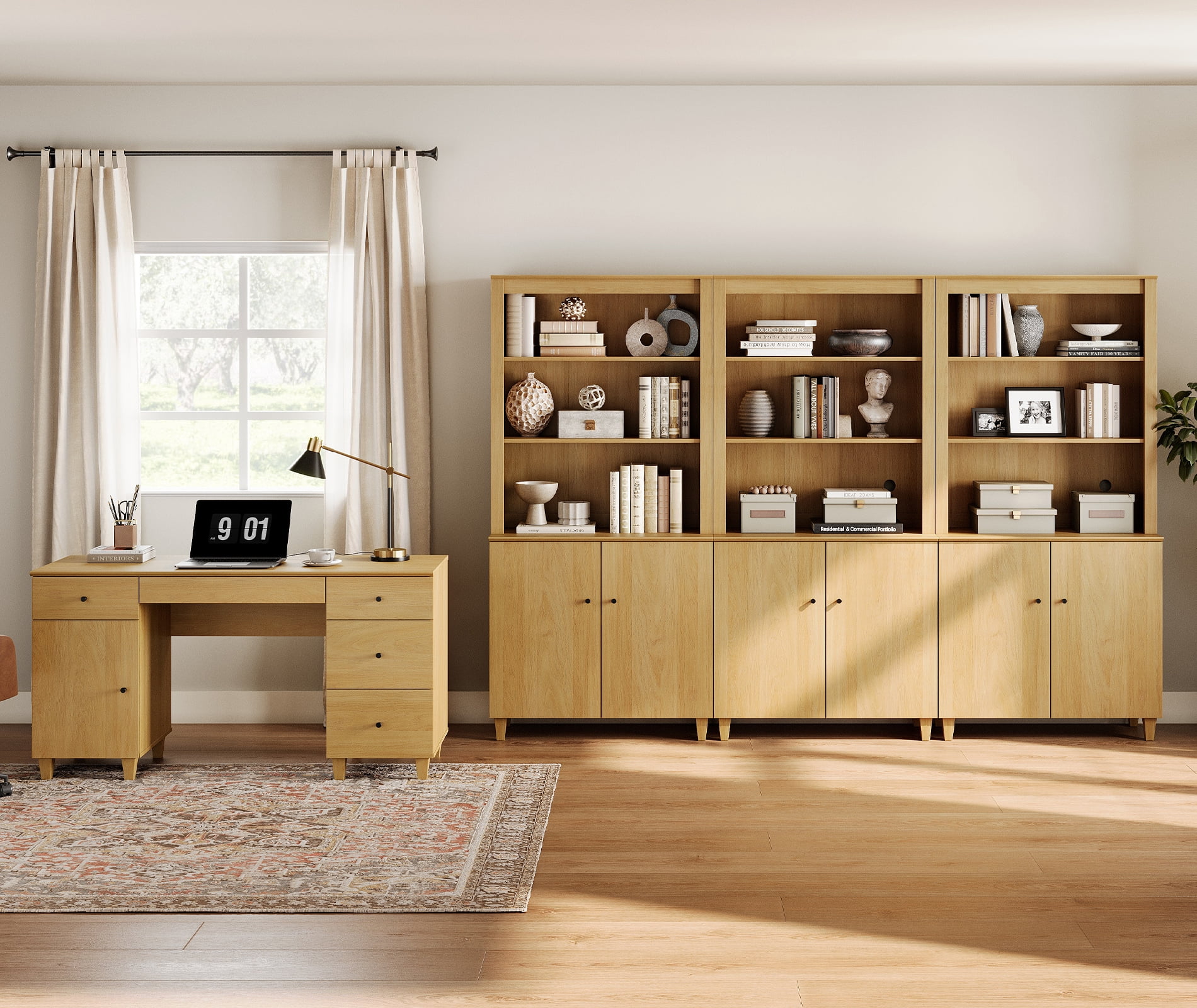 WAMPAT Home Office Furniture Set, 58" Executive Desk with Charging Station and Cabinet, 3-Column 71" Tall Bookcase with Doors and Adjustable Shelves for Living Room,Oak Wood
