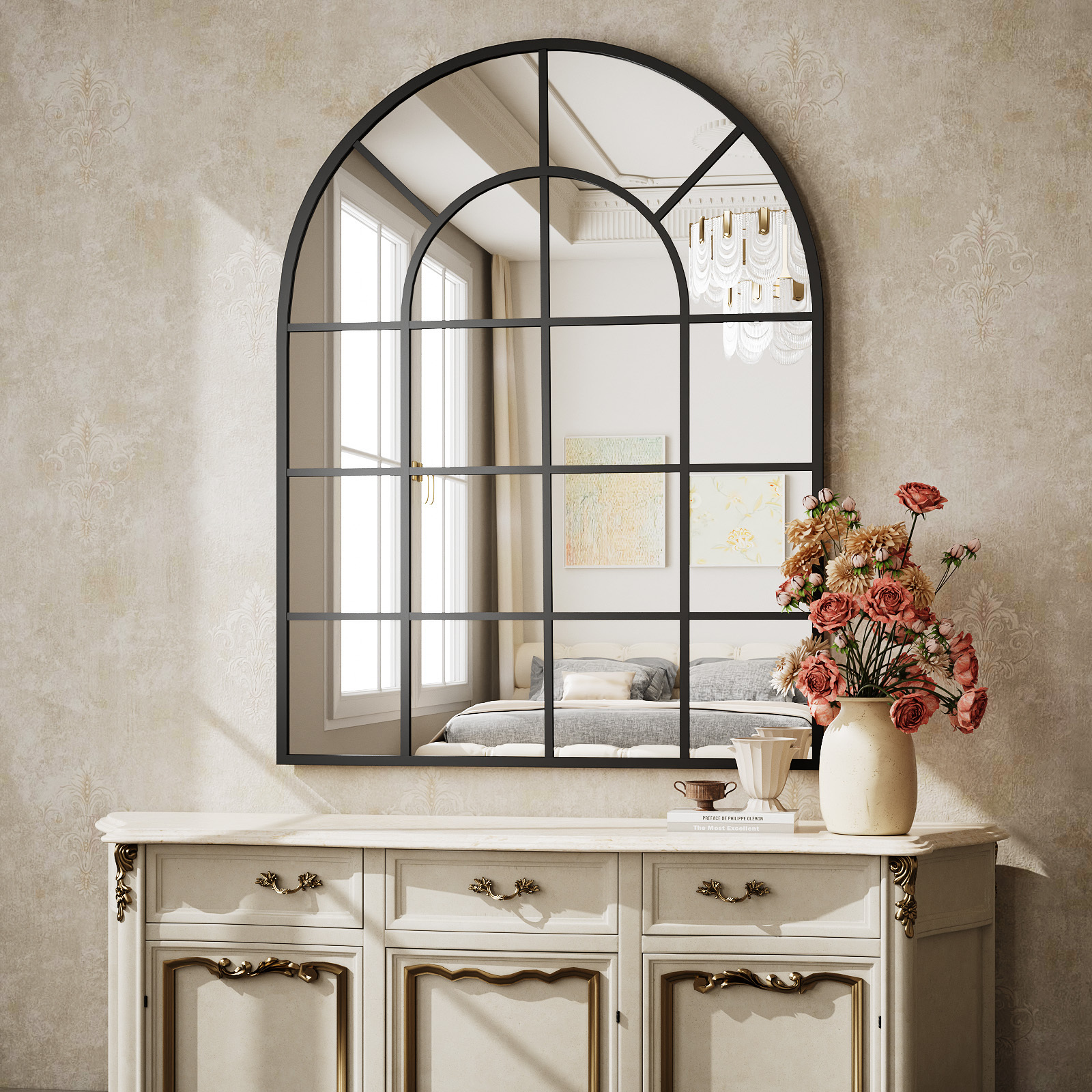 BEAUTYPEAK 30"x40" Arched Windowpane Mirror Bathroom Mirror Wall Mirror,Black