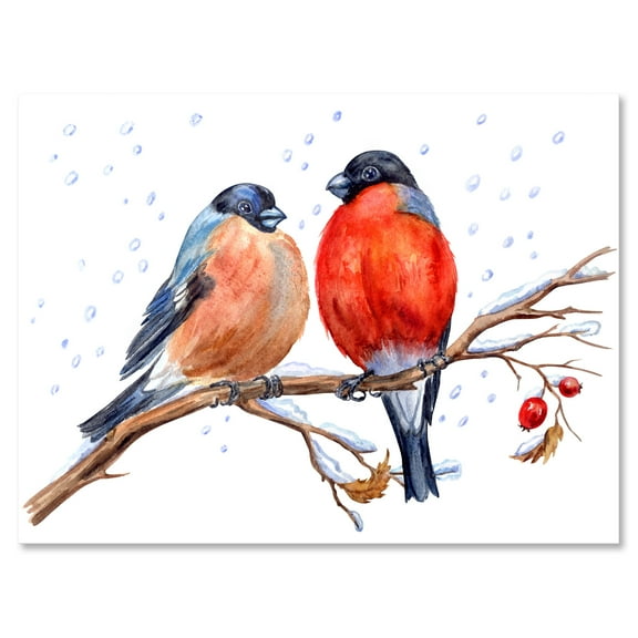 Two Bullfinches On A Hawthorn Branch with Snowfall In Winter 12 in x 8 in Painting Canvas Art Print, by Designart