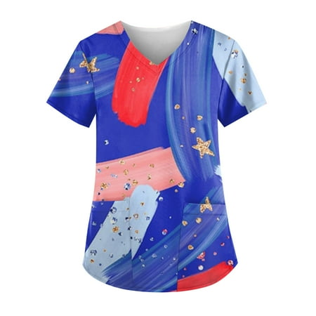 

Sksloeg Scrub Tops Women Plus Size American Flag Star Print Patriotic Tops Nursing Working Uniform Short Sleeve V-Neck T-Shirts with Pockets Royal Blue XXXXXL