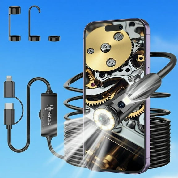 Ferdiiz Endoscope Camera with Light, 1920P HD Borescope with 8 Adjustable LED Lights, Borescope with 16.4ft Semi-Rigid Snake Camera with Light, 7.9mm IP67 Waterproof Endoscope for iOS and Android