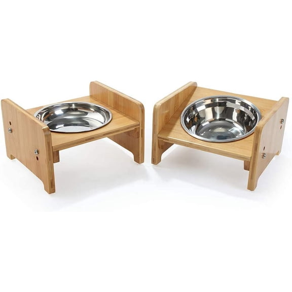 YY FOREYY Set of 2 Raised Pet Bowls for Dogs and Cats - Bamboo Tilted Single Elevated Dog Cat Food and Water Bowls Stand Feeder with 3 Stainless Steel Bowls and Anti Slip Feet for Comfort Feeding(S)