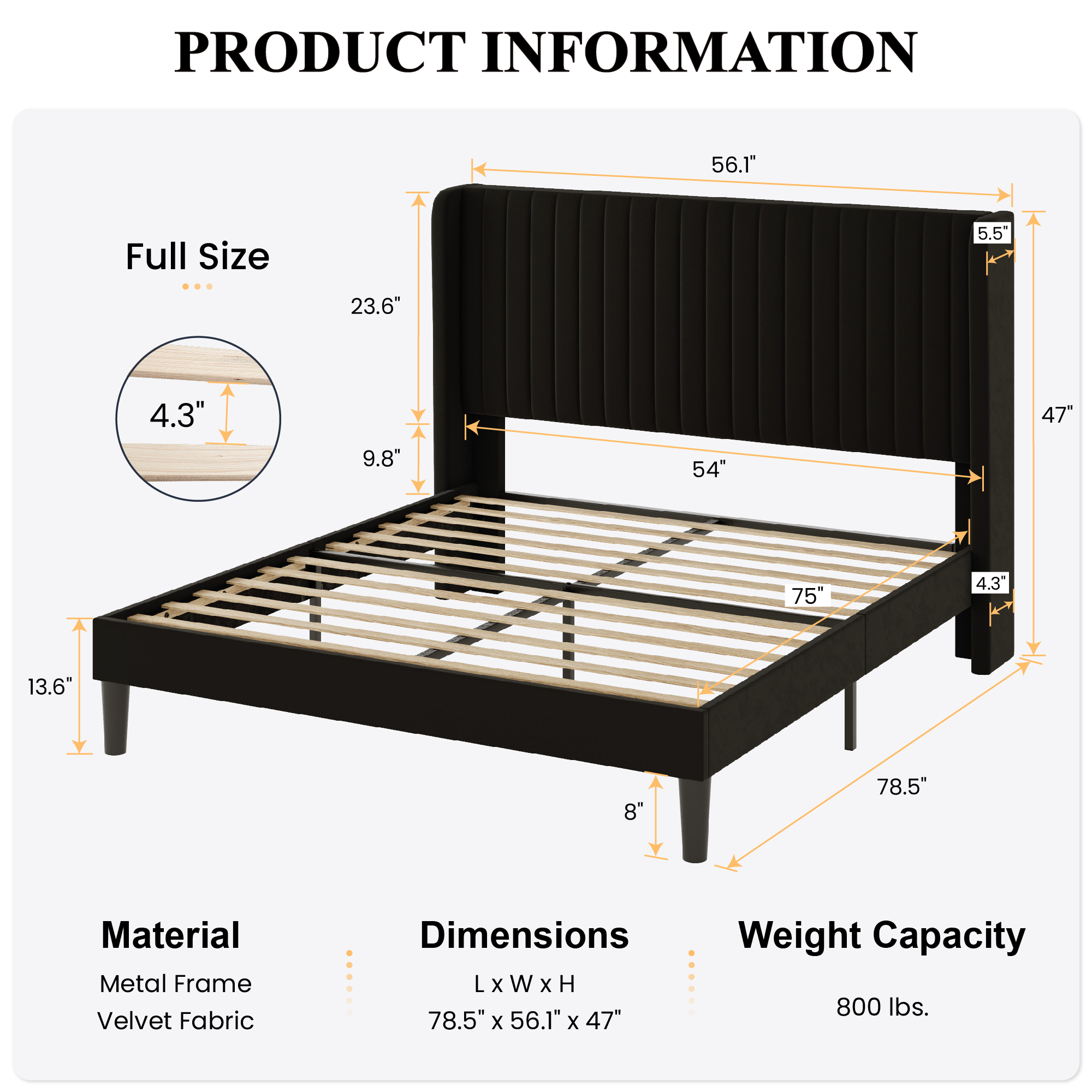 Sha Cerlin Queen Size Upholstered Platform Bed Frame with Velvet Channel Wingback Headboard, Off White