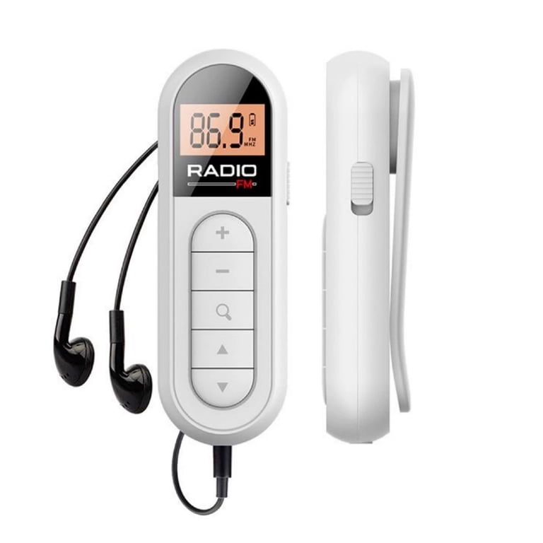 joggers radio with belt c lip Portable FM Radio, Rechargeable Pocket Transistor Radio, LCD Digital Tuning  with Backlight, Stereo Sound, Belt Clip for Jogging,Walking (White)