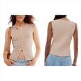 thumbnail image 3 of Camiseta Sin Mangas de Verano para Mujer, de Punto, con Cuello Redondo, Botones Delanteros y Canalé, Ajustada, Sin Mangas, Color Caqui, Talla M, 3 of 7