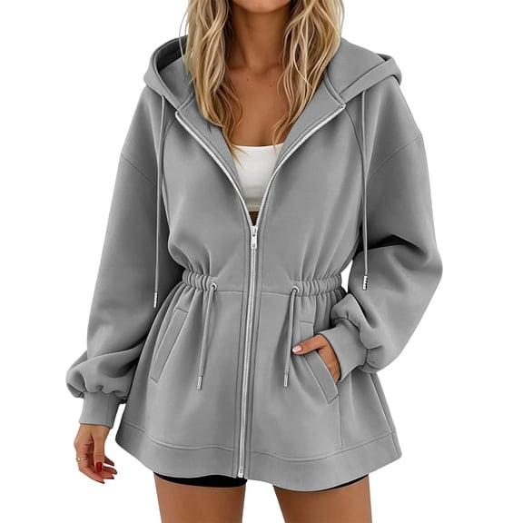 Xdegoge Oversized Zip Up Hoodie Women S Drawstring Cinch Waist Casual Long Sleeve Sweatshirt with Pocket Athletic Fall Winter Activewear Jacket