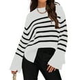 thumbnail image 2 of Amazhiyu Women's Striped Pullover Sweaters Batwing Long Sleeve Crew Neck Ribbed Knit Side Slit Fall Oversized Sweater Tops, 2 of 8