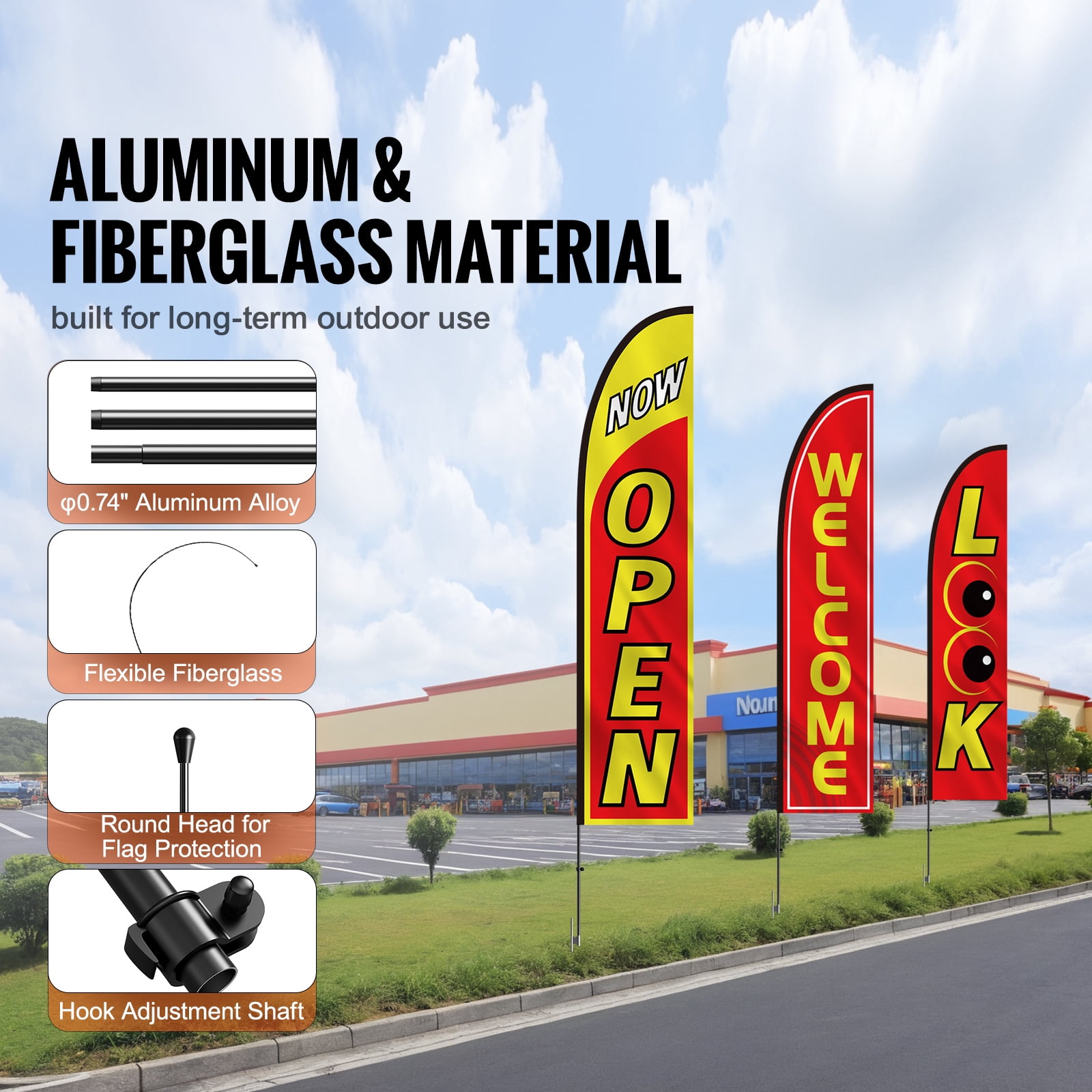 KFFKFF Outdoor Business Flags with Pole Set, Promotional Flags for Commercial Use, Feather Flag Bundle, Includes 3 Flags (Open, Look, Welcome), 3 Poles, 3 Ground Anchors