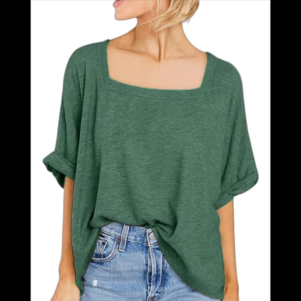 Camiseta Holgada Informal de Verano para Mujer, de Corta, Básica, para Entrenamiento y Gimnasio. Verde S