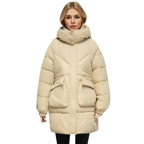 Gibobby Chamarra larga mujer invierno, Abrigos de invierno para mujer, chamarra largo con cierre, color liso, chamarra grande de piel sintética con capucha(Caqui,M)