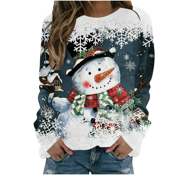 asdoklhq Christmas Shirts for Women Women Christmas Snowman Snowflake Print Long Sleeved Round Neck Top/shirt Blue L