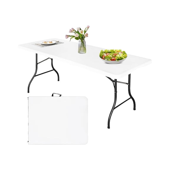 6 FT Fold-in-Half Folding Table, Portable Dining Table with Carrying Handle and Locks, White