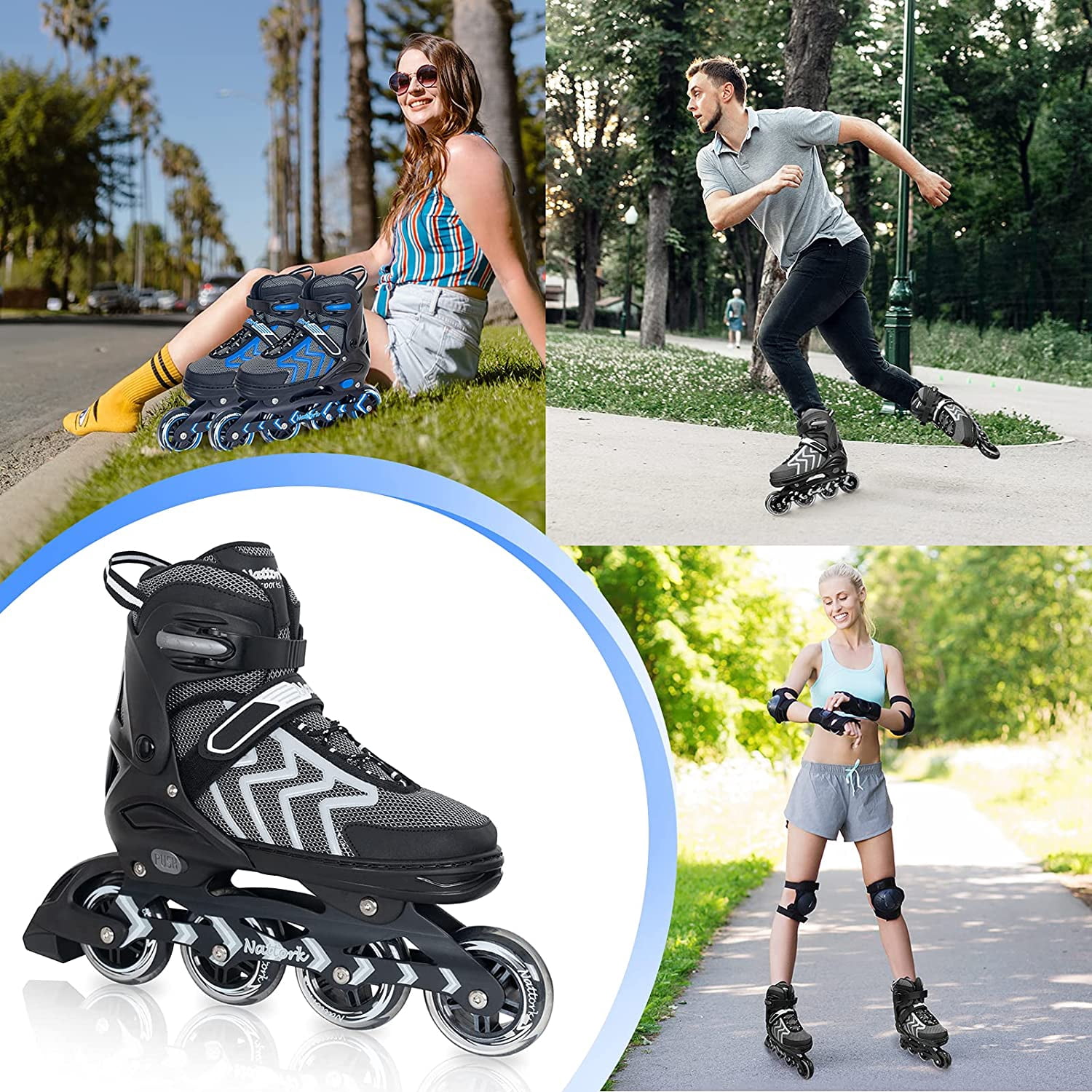 SubSun Inline Skates for Adults Men Women Adjustable Aggressive Durable Roller Blades with Giant Wheels Black S