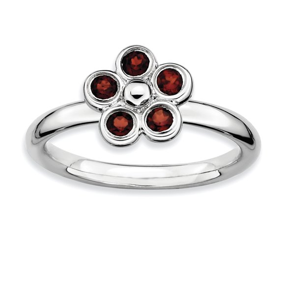 925 Sterling Silver Garnet Flower Stackable Ring Stone Gemstone Birthstone January