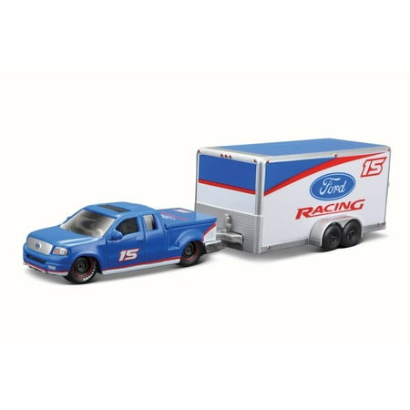 Ford Ranger Truck Toy 2004 Ford F-150 Pick Up Truck #15 w/ car trailer, Blue - Maisto 15368F - 1/64 Scale Diecast Model Toy Car ()