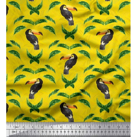 Soimoi Yellow Cotton Duck Fabric Toucan & Leaf Bird Print Fabric by Yard 58 Inch Wide