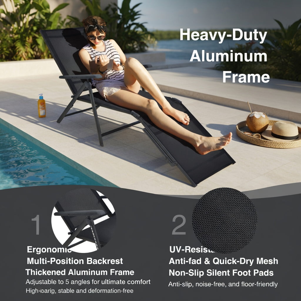 Hommoo 2-Pack Foldable Chaise Lounge Chair with 5-Position Reclining Backrest & 2-Position Adjustable Footrest, Heavy-Duty Steel Frame Patio Lounger for Poolside, Garden & Deck, Black