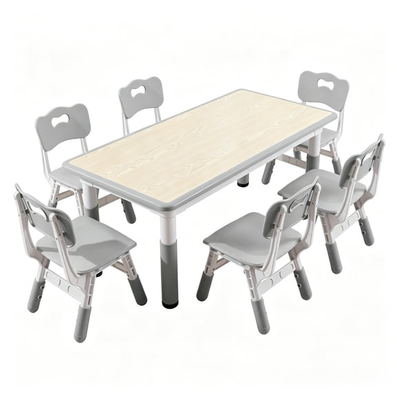 Multi-Functional Height Adjustable Kids Table & 6 Chairs, Ergonomic HDPE Kids Activity Furniture, Gray