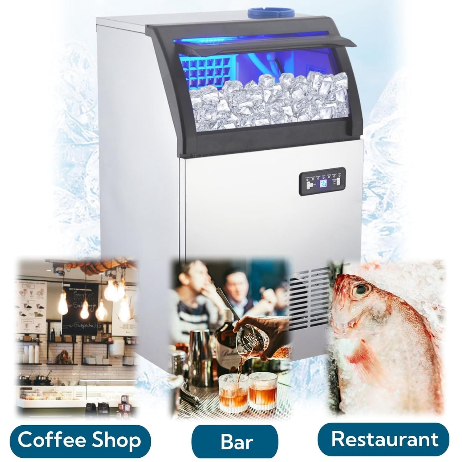 WildBreak Commercial Large Ice Maker 250W, 120 LBS/24H, 33 LBS Storage Bin, Silver & Black
