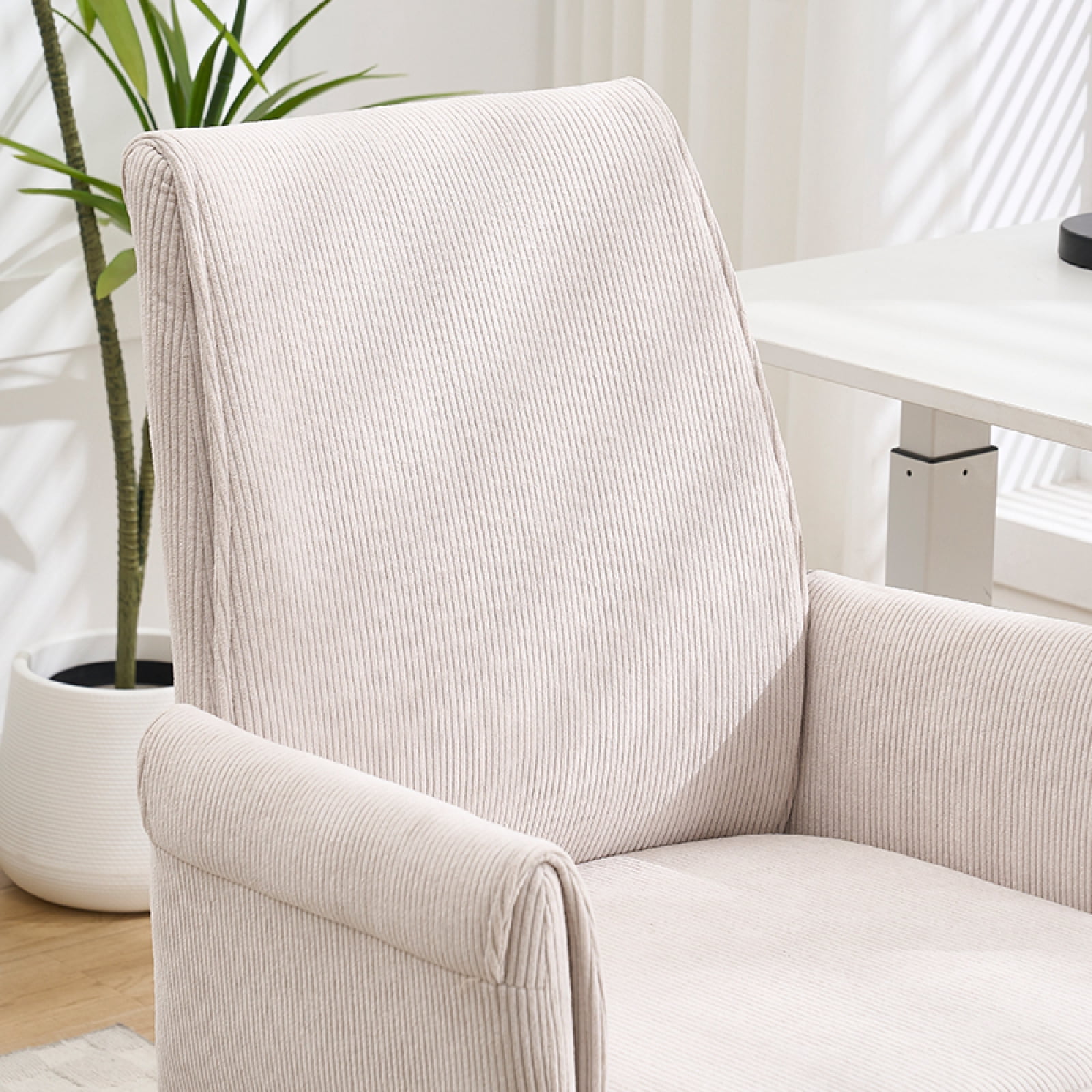 Stripes Corduroy 360° Swivel Desk Chair, Gold Base Adjustable Height Home Office Armchair with Wheels, Ergonomic Mid-Back Comfy Computer Chair for Home Study Living Room Bedroom, White