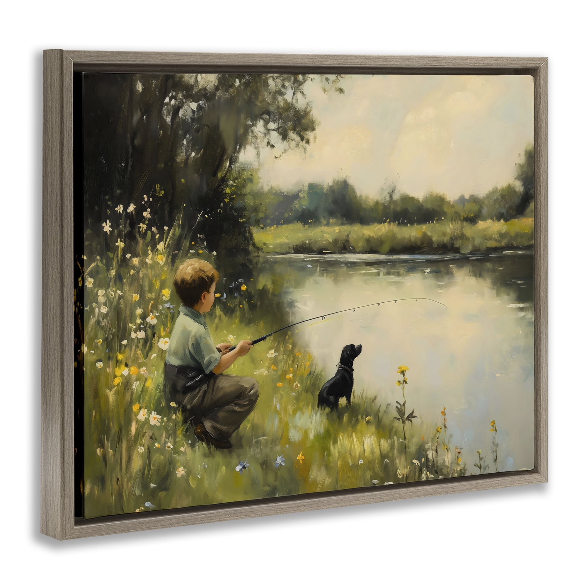 Boy & Puppy Fishing Brown Framed Floater Canvas Wall Art, design by Arlington Prints