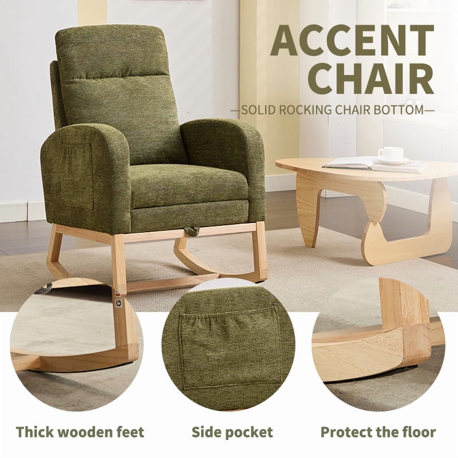 Newest Modern Accent Rocking Chair Rocking Chair with Solid Wood Legs, Upholstered Nursery Glider Rocker, Comfy Armchair with Side Pocket, Living Room Lounge Arm Chair with High Backrest Teddy