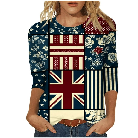 Union Jack Flag Shirts for Womens Fashion UK United Kingdom Flag Tshirts Great Britain British Women Girl T-Shirt 3/4 Sleeve Summer Tops Casual Dressy Tunic Round Neck Tee Going Out Blouse