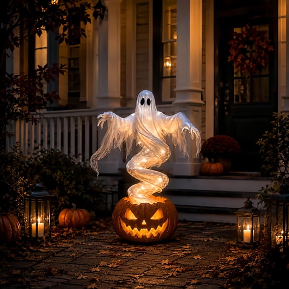 Halloween Swirling Ghost Pumpkin Light,Warm LED Spooky Ghost Statue Lamp Outdoor Porch Pathway Decoration,Fall Autumn Garden Lawn Holiday Ornament for Halloween Party Decoration