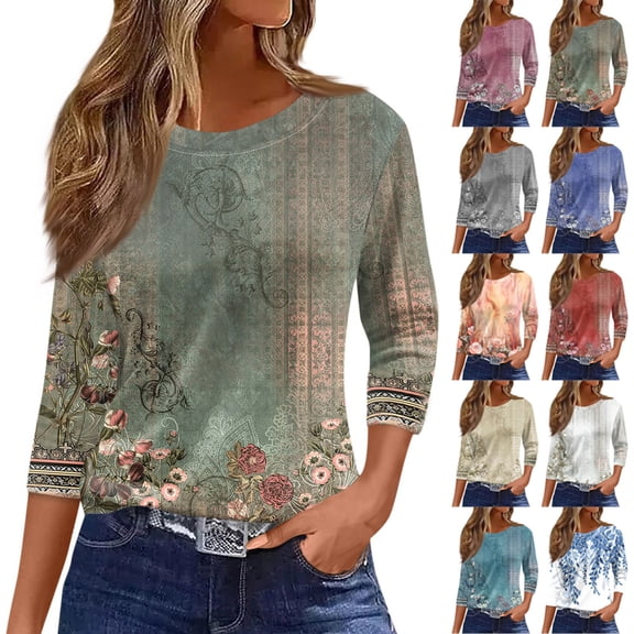 Wutalume 3/4 Sleeve Tops for Women - Sunflower Print Round Neck 3/4 Sleeve Top, Vintage Blouses for Plus Size Casual Summer, Spring and Everyday Style,Army Green L