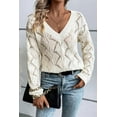 thumbnail image 2 of Women's Beige Hollow Out Knit Drop Shoulder V Neck Sweater | [ZhiHiMeRi] | (US 12-14)L, 2 of 12